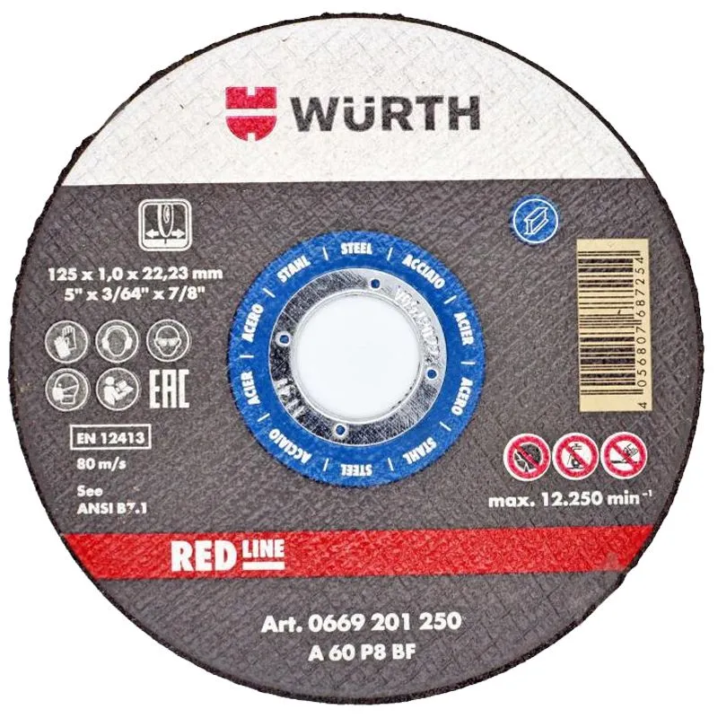 Круг відрізний по металу Wurth Red line, 125x1x22,23 мм, 10 шт, K0669201250 купити недорого в Україні, фото 1