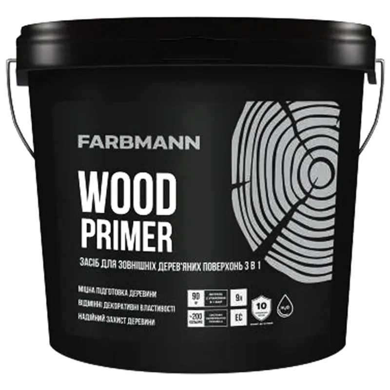 Средство для наружных деревянных поверхностей Farbmann 3 в 1 Wood Primer EC, 9 л, прозрачный купить недорого в Украине, фото 1