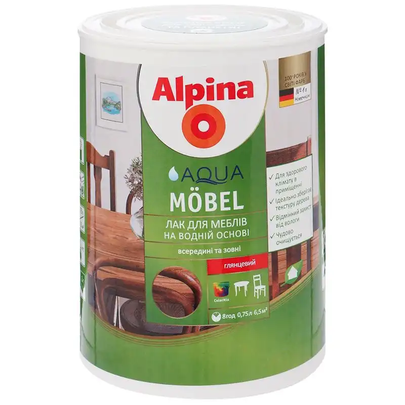 Лак акриловий Alpina Aqua Mobel GL, 0,75 л, глянцевий купити недорого в Україні, фото 1
