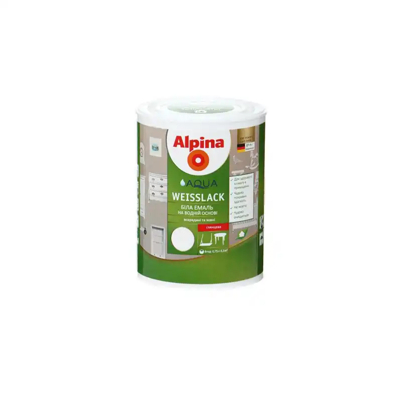 Лак акриловый Alpina Alpina Aqua Weisslack GL, 0,75 л, глянцевый купить недорого в Украине, фото 1