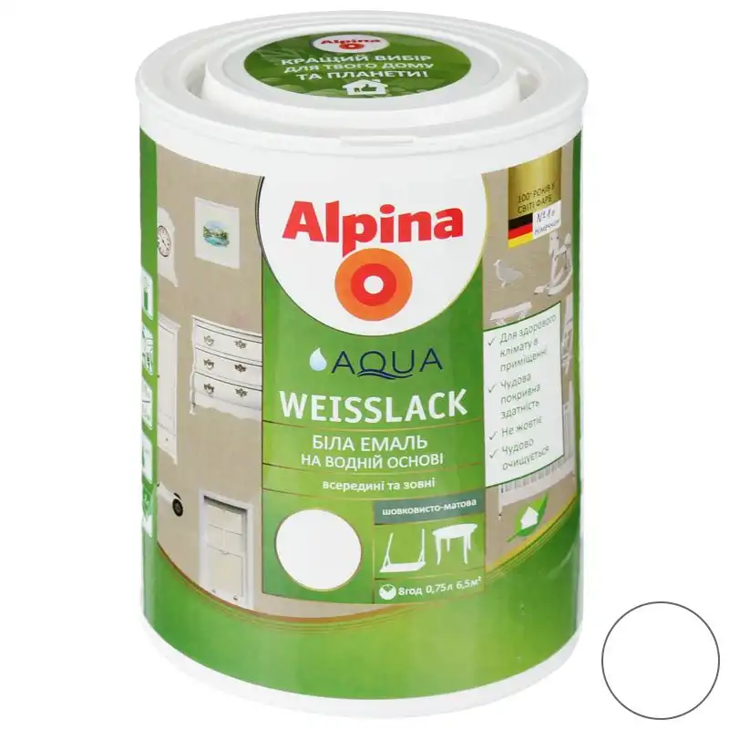 Эмаль акриловая универсальная Alpina Aqua Weisslack, 0,75 л, шелковисто-матовая купить недорого в Украине, фото 1