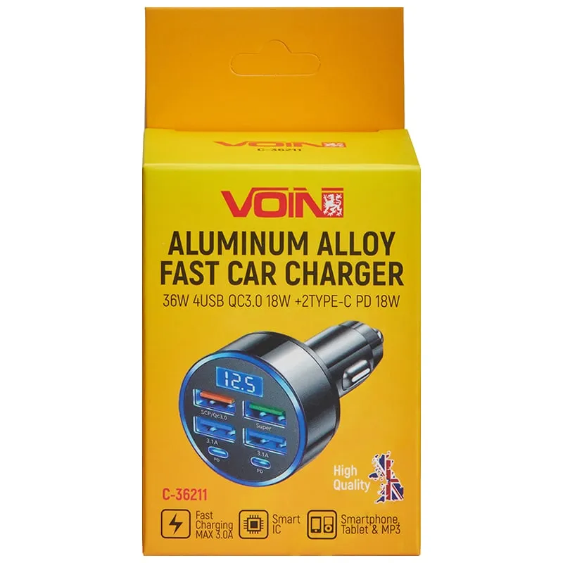 Зарядное устройство Voin C-36211, 36 Вт, 4хUSB QC3.0 18 Вт, 2хPD 18 Вт, 12-24 В, фото 355072 Зарядное устройство Voin C-36211, 36 Вт, 4хUSB QC3.0 18 Вт, 2хPD 18 Вт, 12-24 В купить недорого в Украине, фото 355072