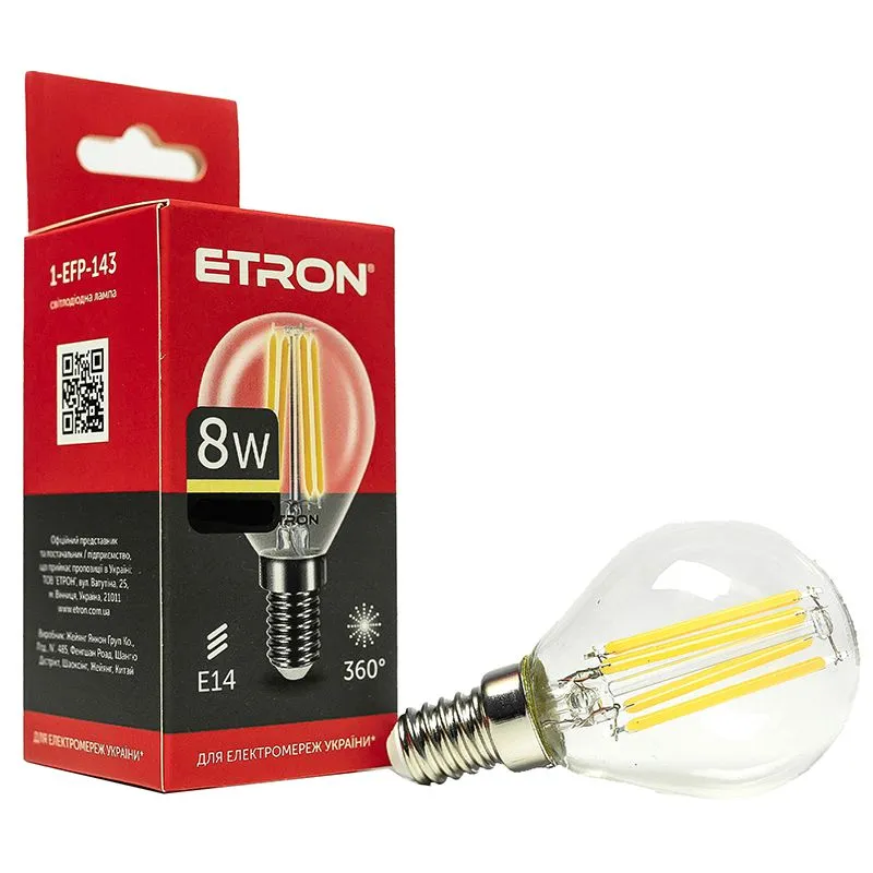 Лампа філаментна Etron, 8 W, G45, E14, 3000 K, 1-EFP-143 купити недорого в Україні, фото 1