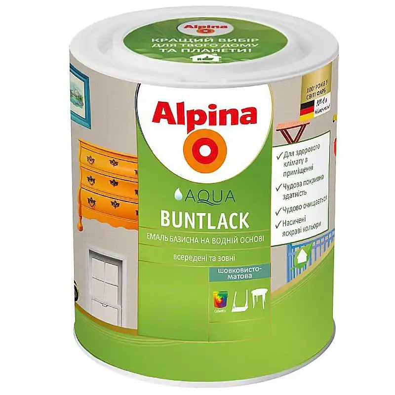 Емаль акрилова універсальна для деревини і металу Alpina Aqua Buntlack, 2,35 л, матовий прозорий купити недорого в Україні, фото 1
