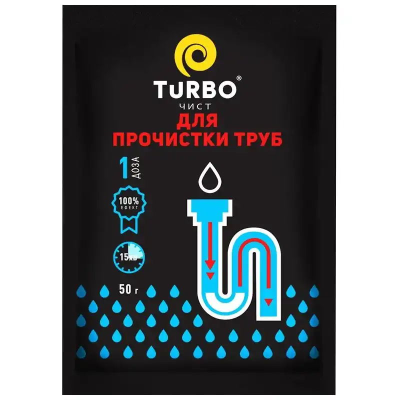 Засіб для прочистки каналізаційних труб Turbo чист, гранули, 50 г купити недорого в Україні, фото 1