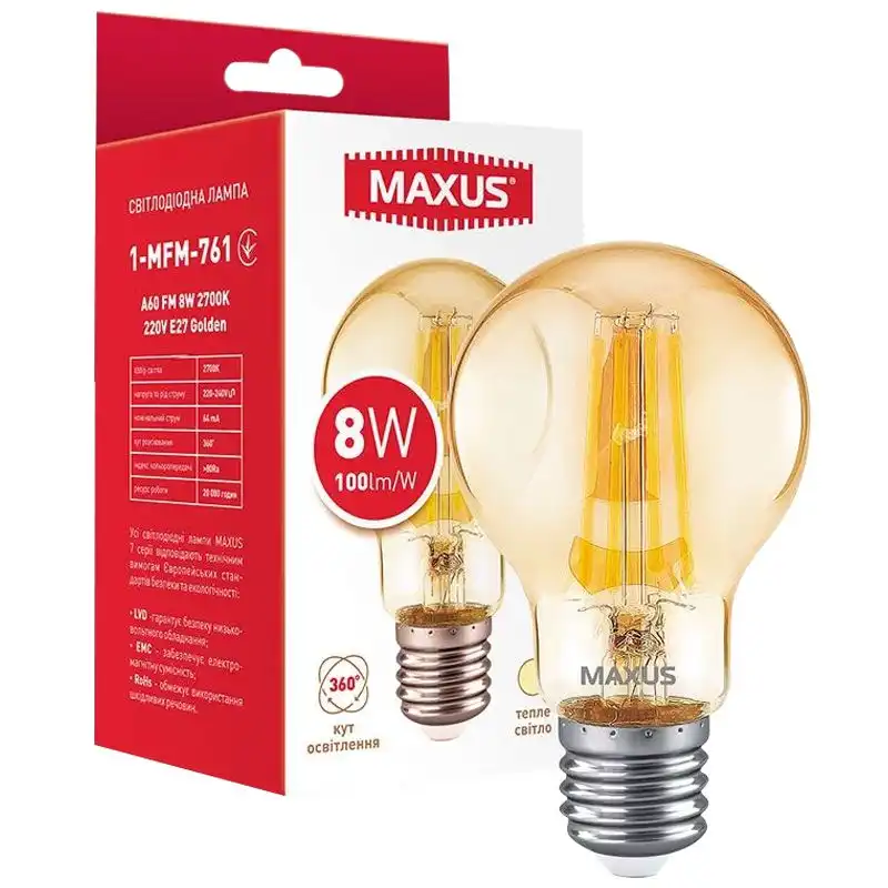 Лампа Maxus Golden Filament, A60, 8W, 2700K, E27, 1-MFM-761 купити недорого в Україні, фото 1
