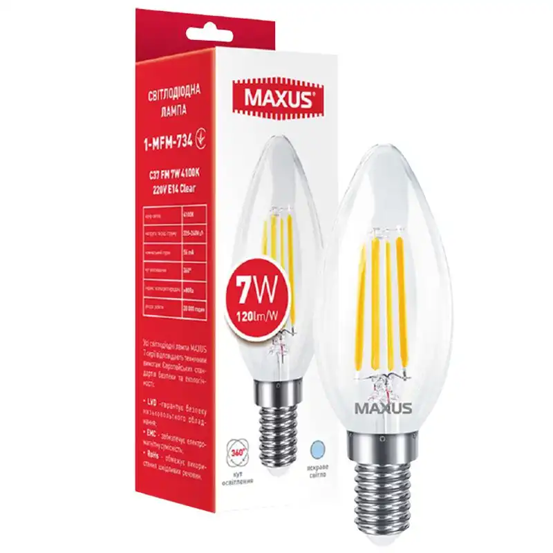 Лампа Maxus Clear Filament, С37, 7W, 4100K, E14, 1-MFM-734 купити недорого в Україні, фото 1