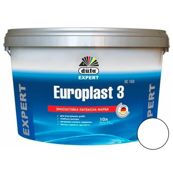 Краска интерьерная латексная Dufa Europlast 3 DE 103, 10 л, глубокоматовая, белый купить недорого в Украине, фото 1
