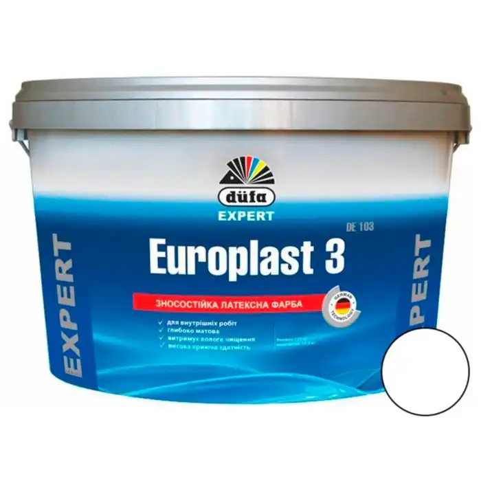 Краска интерьерная латексная Dufa Europlast 3 DE 103, 5 л, глубокоматовая, белый купить недорого в Украине, фото 1