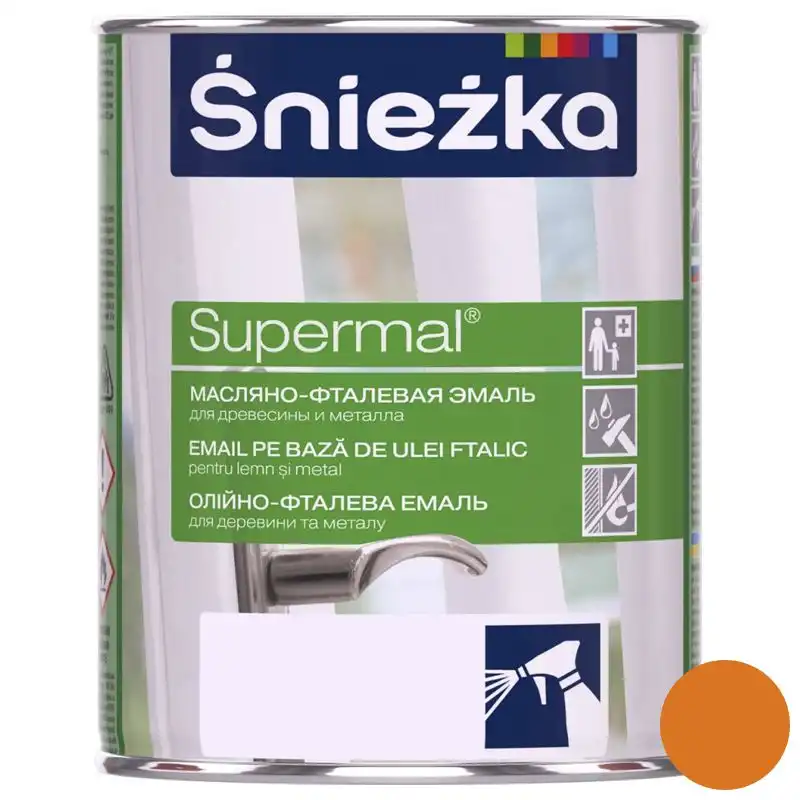 Эмаль масляно-фталевая для дерева и металла Sniezka Supermal, 0,8 л, глянцевый оранжевый купить недорого в Украине, фото 1