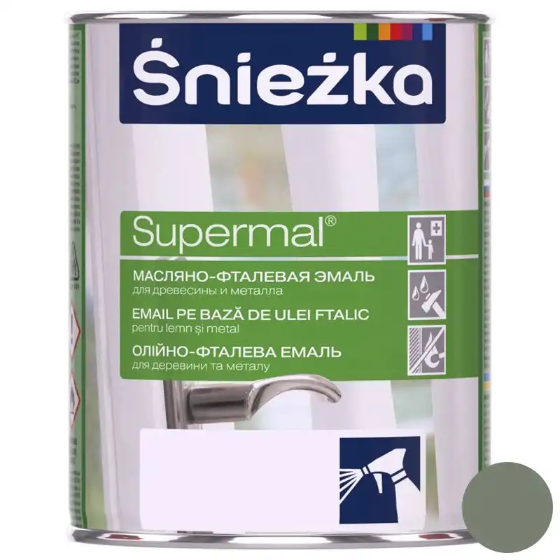 Емаль олійно-фталева для деревини та металу Sniezka Supermal, 0,8 л, глянцевий попелястий купити недорого в Україні, фото 1