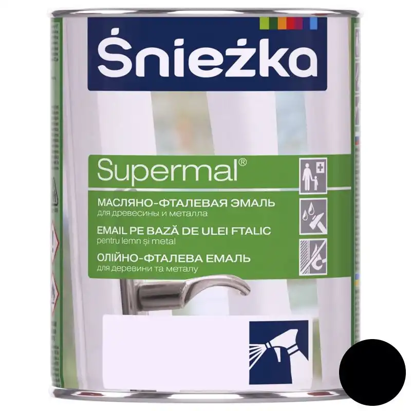 Емаль олійно-фталева для деревини та металу Sniezka Supermal, 0,8 л, матовий чорний купити недорого в Україні, фото 1