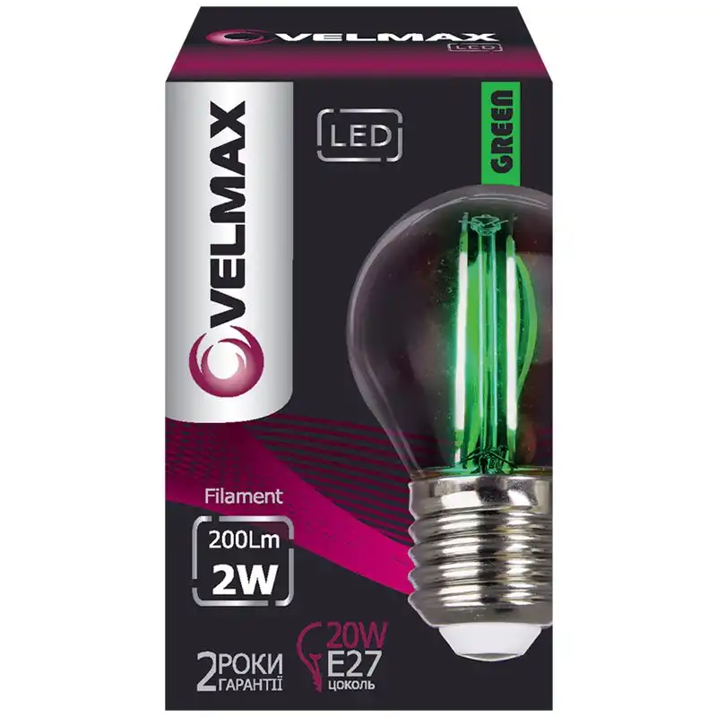 Лампа Velmax Filament G45, 2W, E27, зеленая, 21-41-33 купить недорого в Украине, фото 1