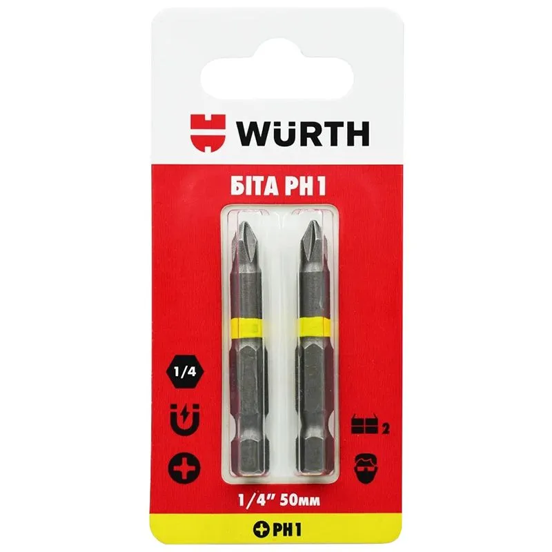 Біта Wurth PH1, 1/4", 50 мм, 2 шт, 1614176691902 купити недорого в Україні, фото 1