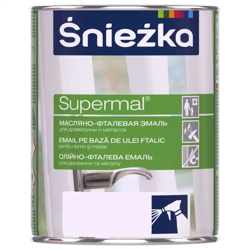 Эмаль масляно-фталевая для дерева и металла Sniezka Supermal, 0,8 л, глянцевый белый купить недорого в Украине, фото 1