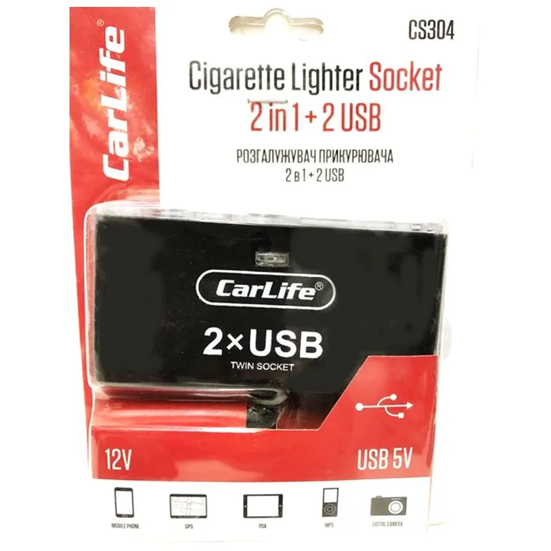 Розгалужувач прикурювача Carlife, 2в1+2 USB, 12 В, 5 A, CS304 купити недорого в Україні, фото 2