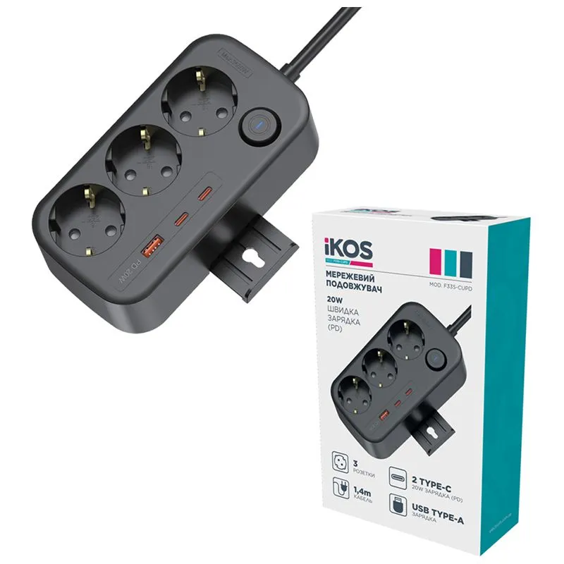 Мережевий фільтр IKOS, 1,4 м, 16 А, USB/2x Type-C, F33S-CUPD купити недорого в Україні, фото 2