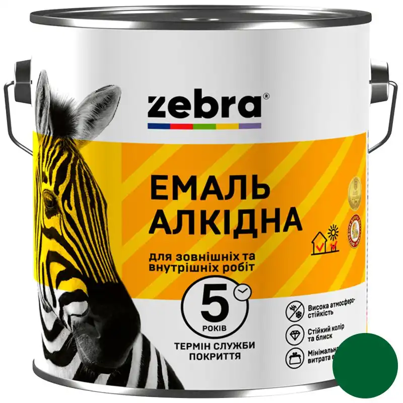 Эмаль алкидная универсальная Zebra ПФ-116, 0,9 кг, зеленый изумрудный купить недорого в Украине, фото 1