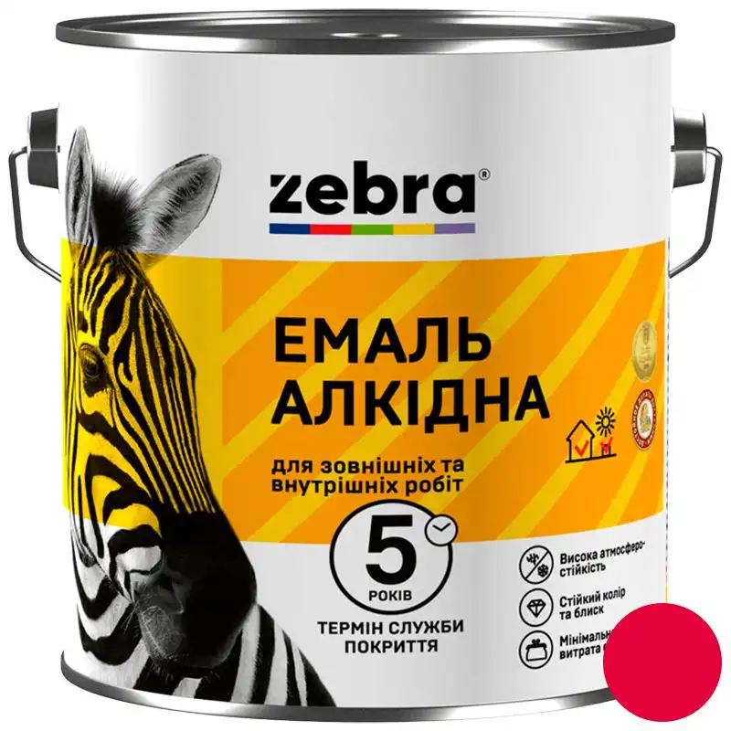 Емаль алкідна універсальна Zebra ПФ-116 75, 0,9 кг, глянцевий червоний купити недорого в Україні, фото 1