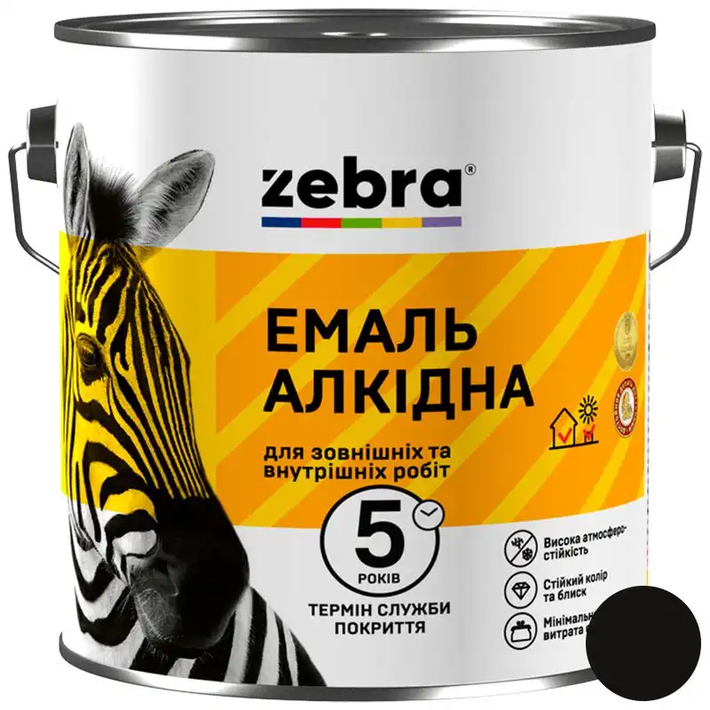 Эмаль алкидная универсальная Zebra ПФ-116 90, 0,9 кг, глянцевый чёрный купить недорого в Украине, фото 1