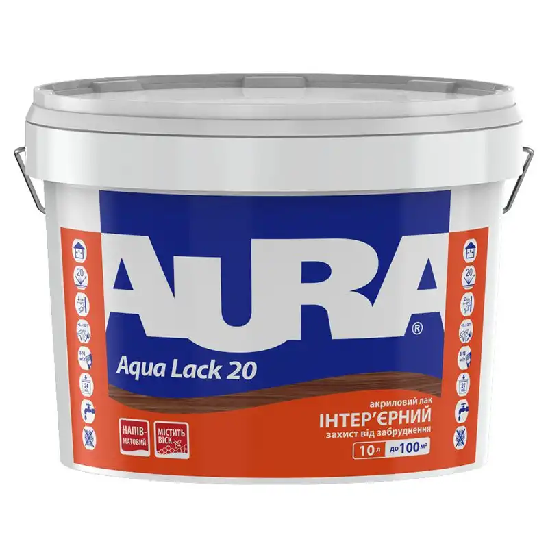 Лак акриловий Aura Aqua Lack 20, інтер'єрний, 10 л купити недорого в Україні, фото 1