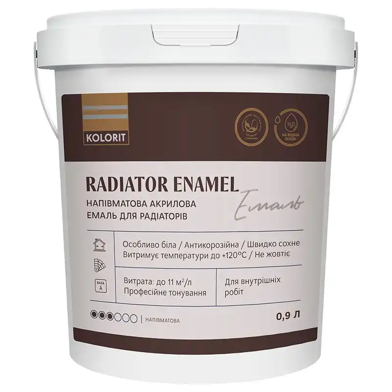 Емаль акрилова для радіаторів Kolorit Radiator Enamel, база А, 0,9 л, напівматовий білий купити недорого в Україні, фото 1
