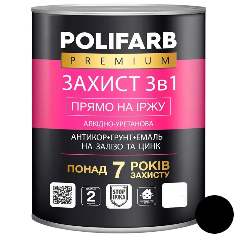 Емаль Polifarb Захист 3 в 1, 2,5 кг, чорний, RAL9011 купити недорого в Україні, фото 1