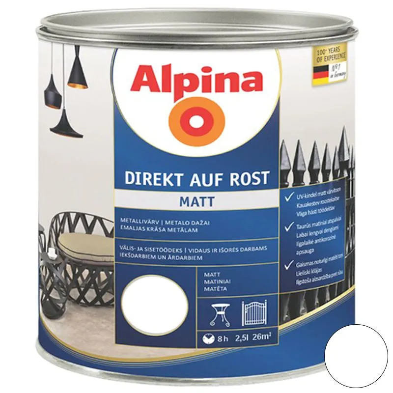 Емаль алкідна Alpina Direkt auf Rost, RAL9010, 2,5 л, білий матовий купити недорого в Україні, фото 1