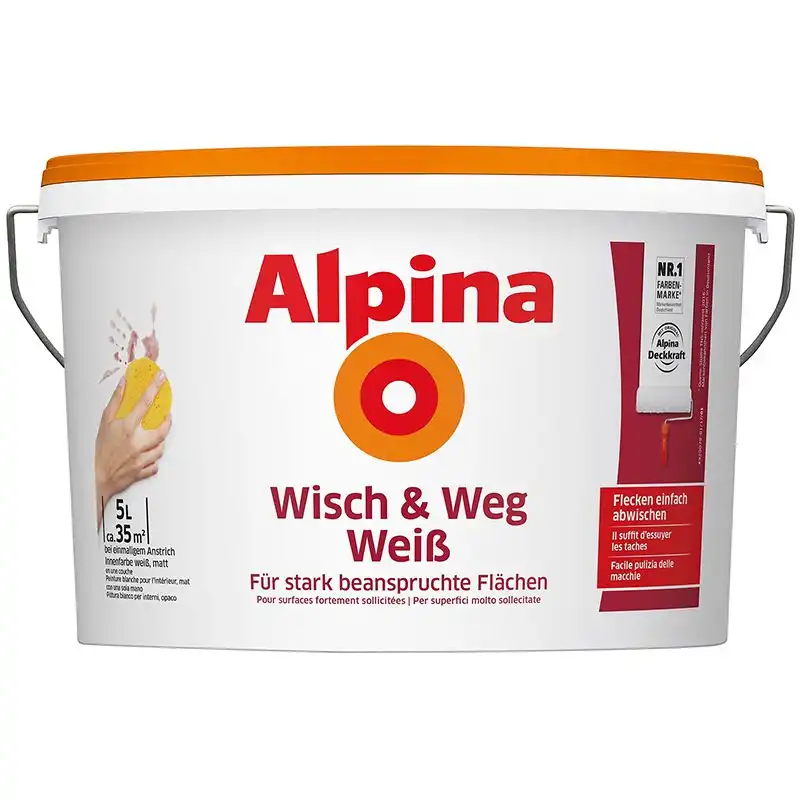 Фарба інтер'єрна латексна Alpina Wisch & Weg Weiß, матова, біла, 5 л купити недорого в Україні, фото 1