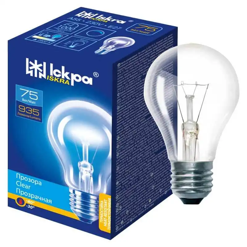 Лампа Искра А50, 75W, Е27, 230V, прозрачная купить недорого в Украине, фото 1