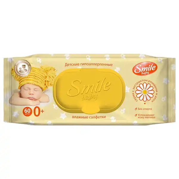 Влажные детские салфетки Smile Baby, Мультипак ромашки и алоэ, 60 шт купить недорого в Украине, фото 1