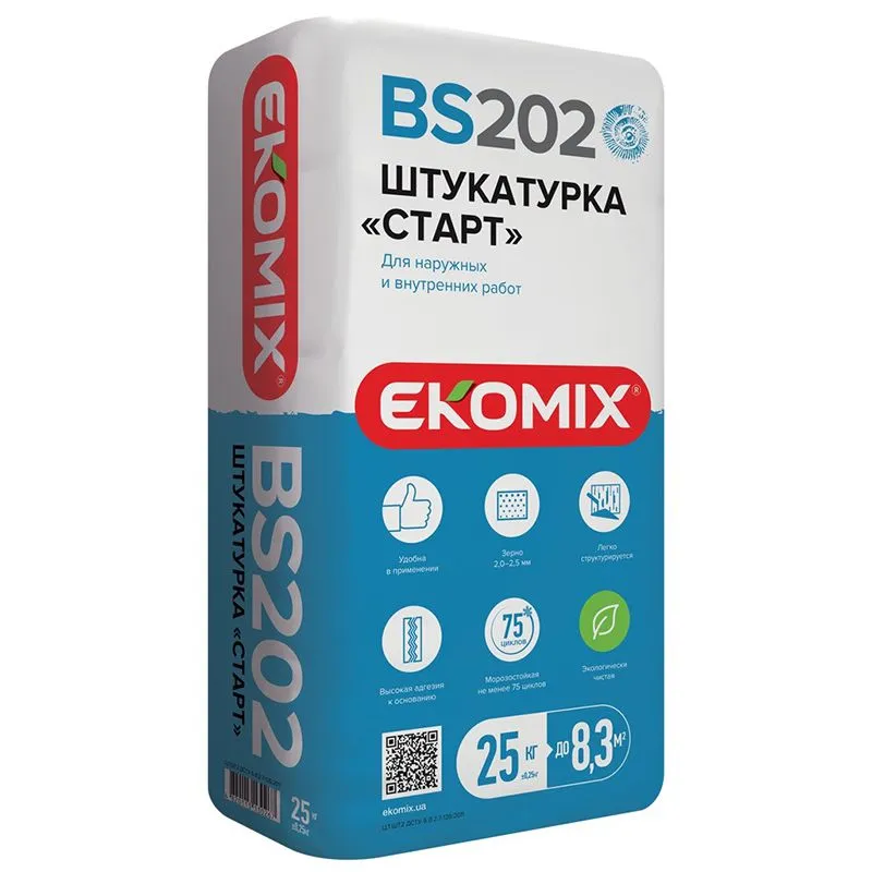 Штукатурка стартова Ekomix BS-202 Старт, 25 кг купити недорого в Україні, фото 1
