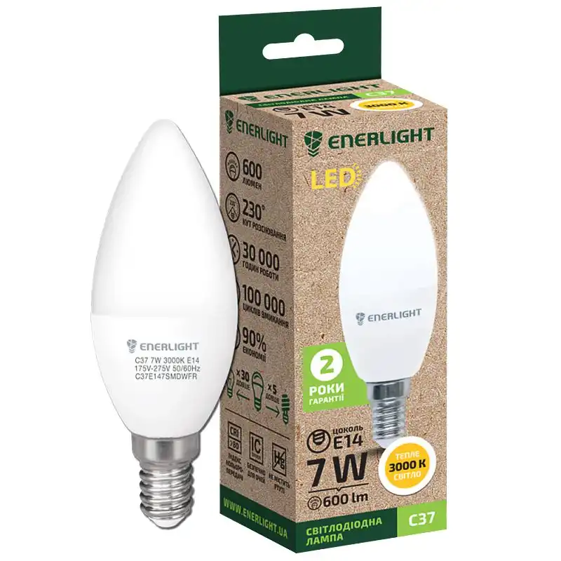 Лампа LED Enerlight C37, 7W, 3000K, E14, C37E147SMDWFR купити недорого в Україні, фото 1