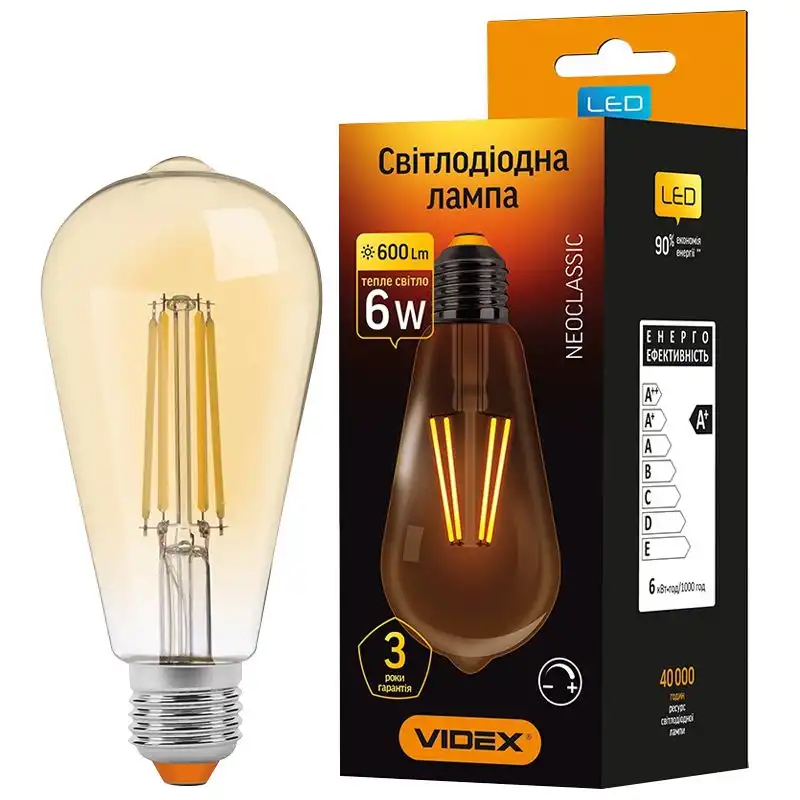 Лампа Videx Filament, 6W, E27, 2200K, VL-ST64FAD-06272 купить недорого в Украине, фото 1