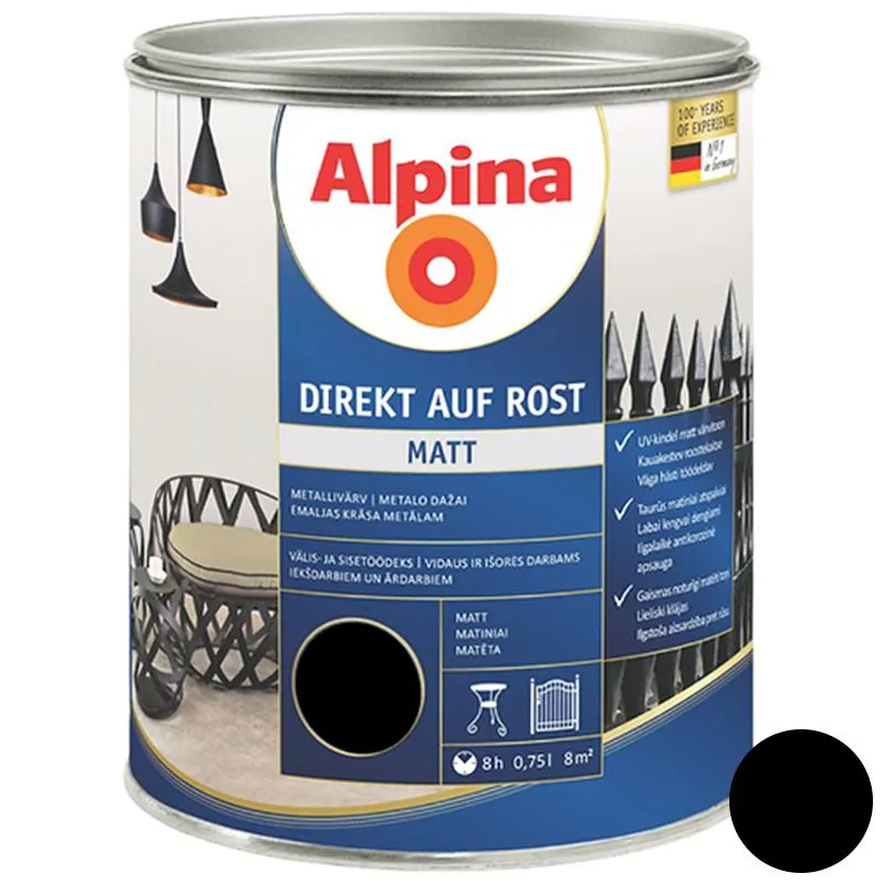 Емаль алкідна Alpina Direkt auf Rost, RAL9005, 750 мл, чорний матовий купити недорого в Україні, фото 1