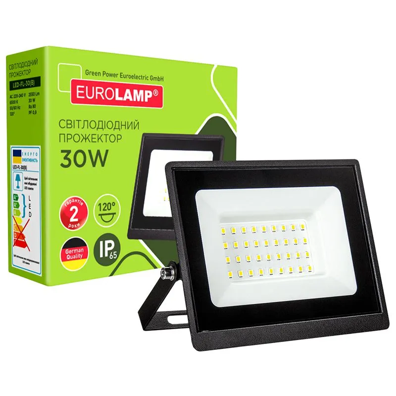 Прожектор світлодіодний з радіатором B Eurolamp SMD, 30 Вт, 6500K, чорний, LED-FL-30(B) купити недорого в Україні, фото 1