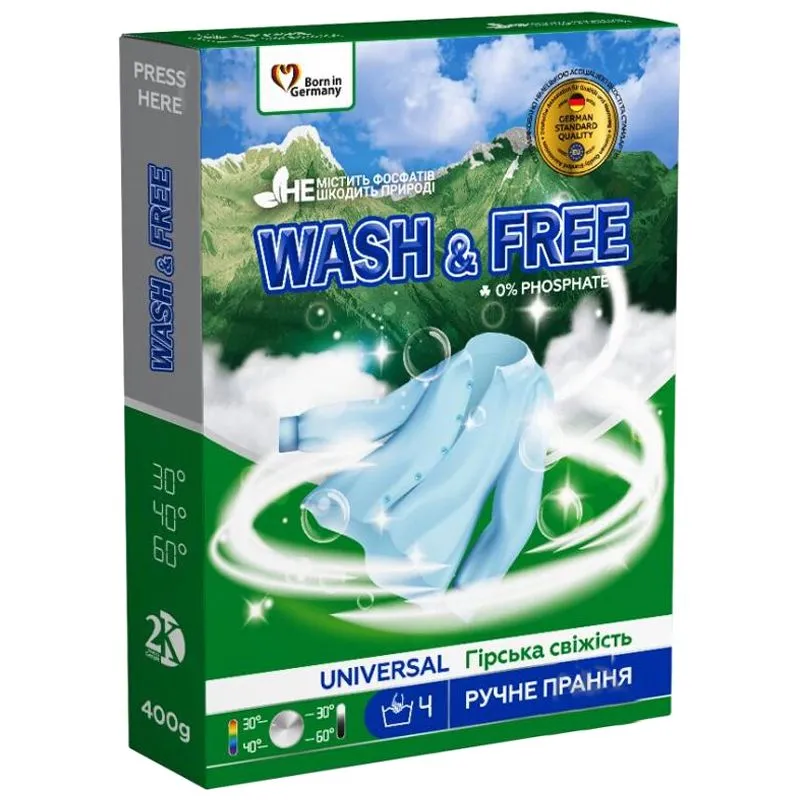 Порошок для ручного прання Wash&Free Гірська свіжість, 400 г купити недорого в Україні, фото 1