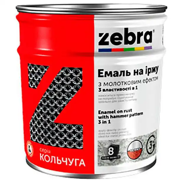 Емаль на іржу 3 в 1 Zebra Кольчуга Молоткова, 0,7 кг, глянцевий темно-сірий купити недорого в Україні, фото 1