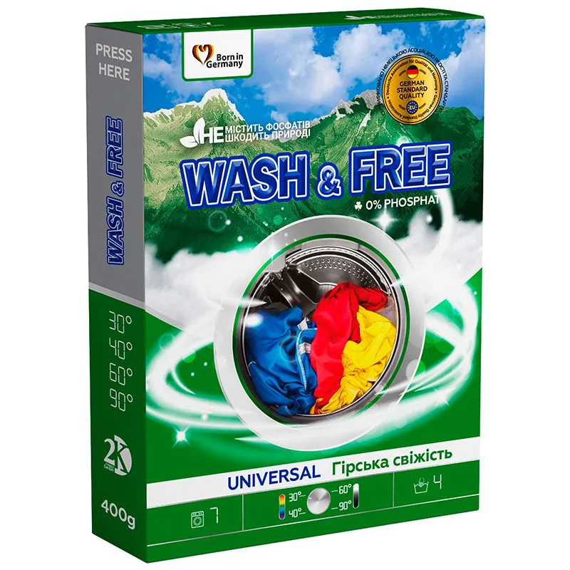 Порошок пральний універсальний Wash&Free Гірська свіжість, 400 г купити недорого в Україні, фото 1
