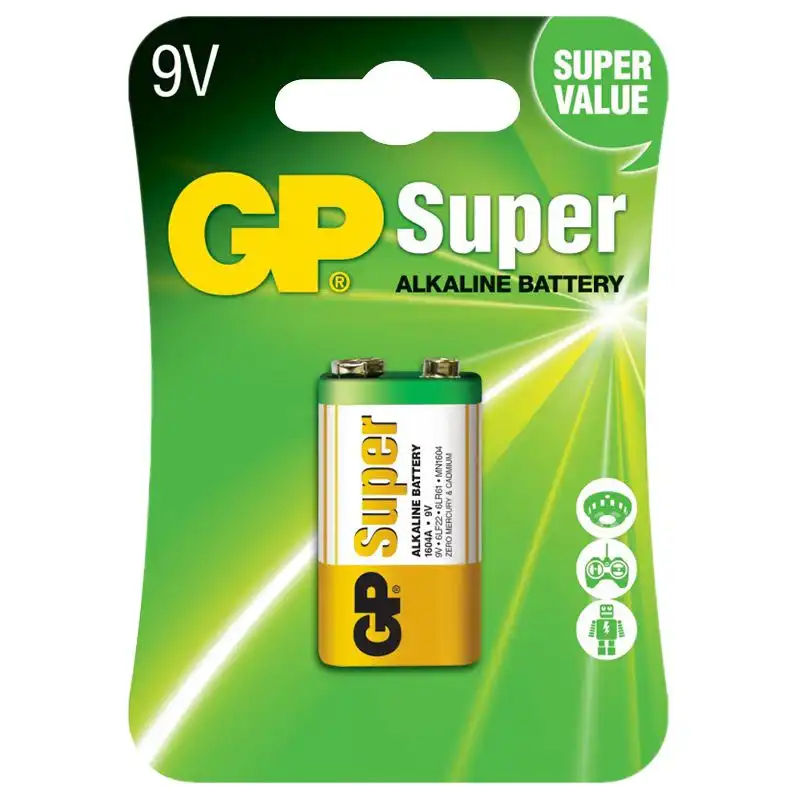 Батарейка GP Batteries Super Alkaline, 9V, 1604A-U1, 6LF22, 01-00000124 купить недорого в Украине, фото 1