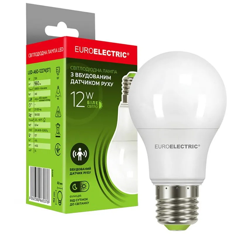 Лампа світлодіодна з датчиком руху Euroelectric Sensor, 12 Вт, А60 E27 4000K, LED-A60-12274(ST) купити недорого в Україні, фото 2