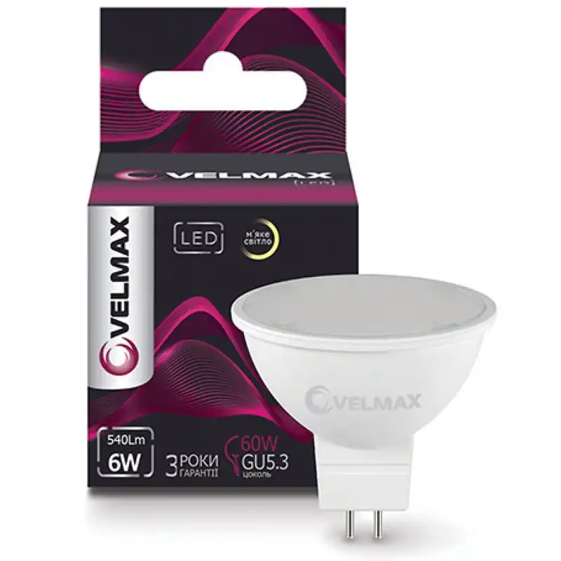 Лампа LED Velmax V-MR16, 6W, GU5,3, 3000K, 21-14-41 купити недорого в Україні, фото 1