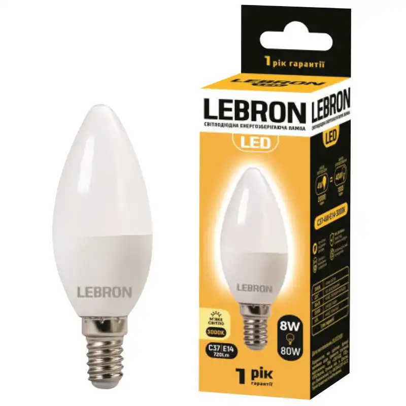 Лампа Lebron L-С37, 8W, Е14, 3000K, 700 Lm, 11-13-27 купити недорого в Україні, фото 1