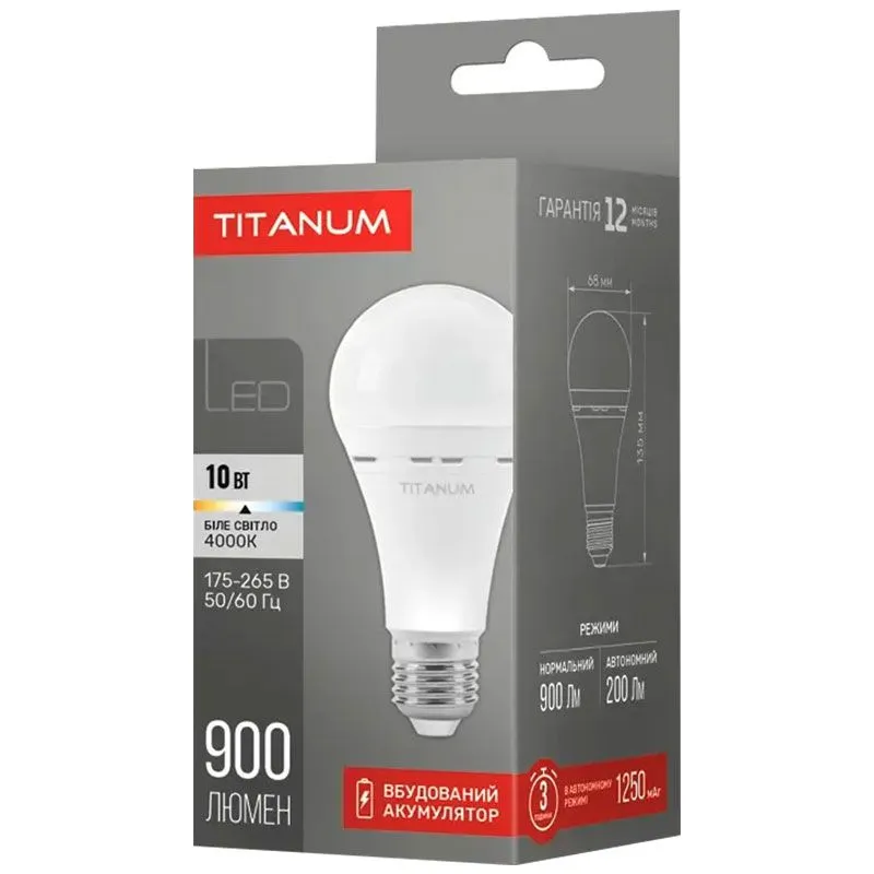Лампа аккумуляторная светодиодная Titanum, A68, 10 Вт, E27, 4000 К купить недорого в Украине, фото 2
