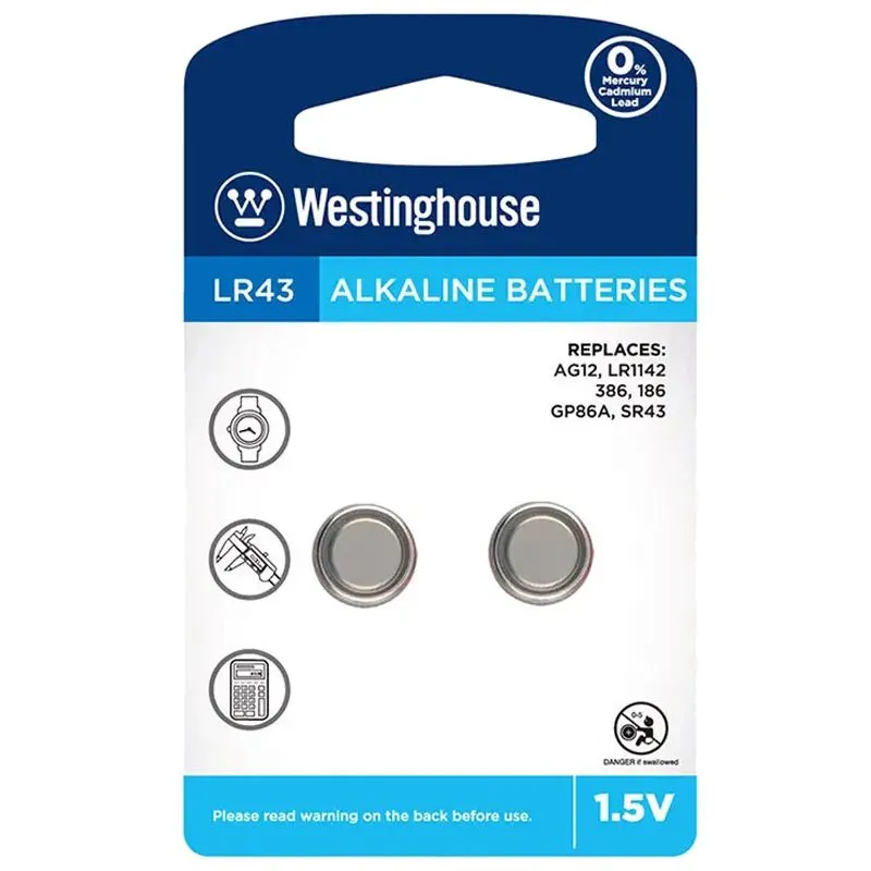 Батарейка щелочная Westinghouse Alkaline LR43, 2 шт, LR43-BP2(AG12-BP2) купить недорого в Украине, фото 1
