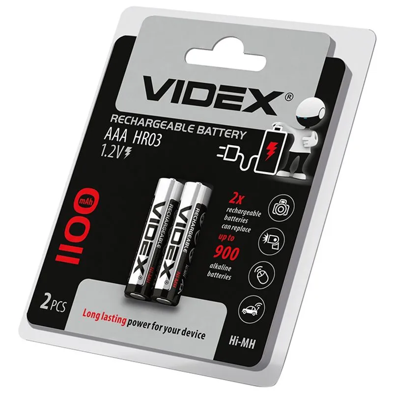 Акумулятор Videx, AAA/HR3, 1100 мА, 2 шт, 23337 купити недорого в Україні, фото 1