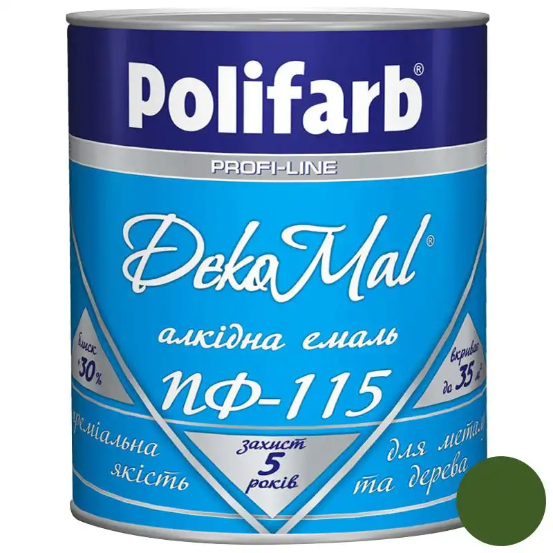 Емаль алкідна Polifarb DekoMal ПФ-115, 0,9 кг, темно-зелений купити недорого в Україні, фото 1