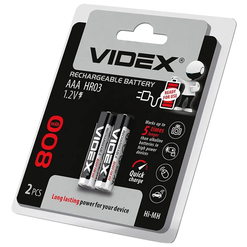 Акумулятор Videx, AAA/HR3, 800 мА, 2 шт, 23335 купити недорого в Україні, фото 1
