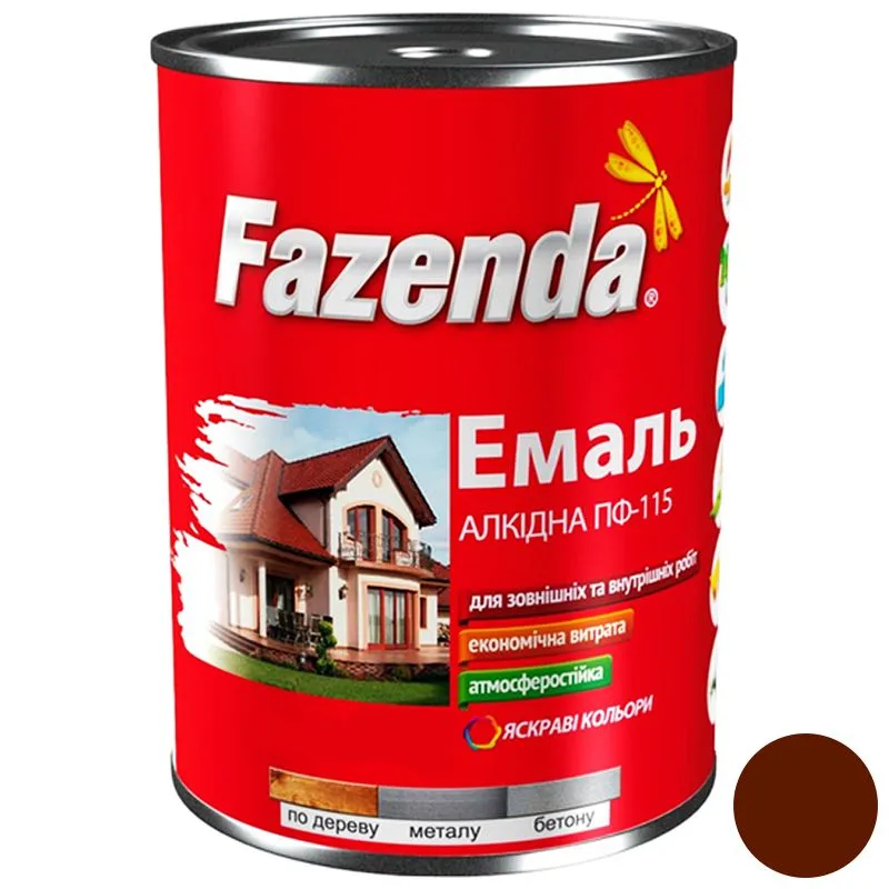 Емаль алкідна Fazenda ПФ-115, 0,9 кг, червоно-коричневий купити недорого в Україні, фото 1