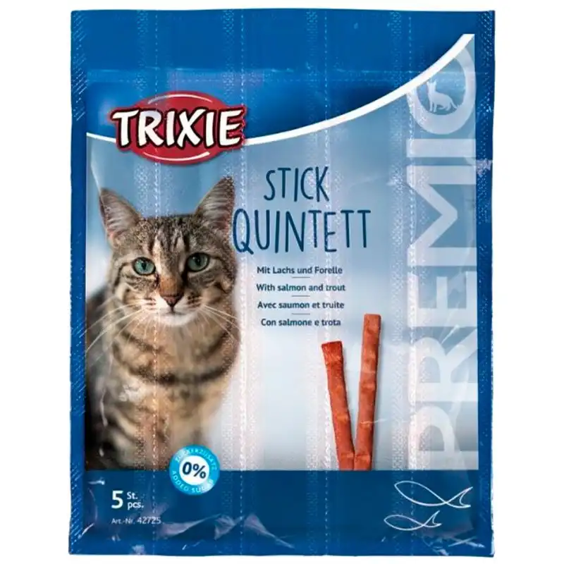 Ласощі для кішок Trixie Premio Quadro-Sticks лосось-форель, 5 г, 5 шт, 42725 купити недорого в Україні, фото 1